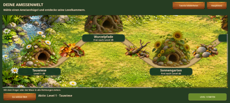 Die Gartenwelt entdecken Weltauswahl von Krabbelkrone mit Ameisenhügeln, Gartenwegen und freischaltbaren Gebieten.
