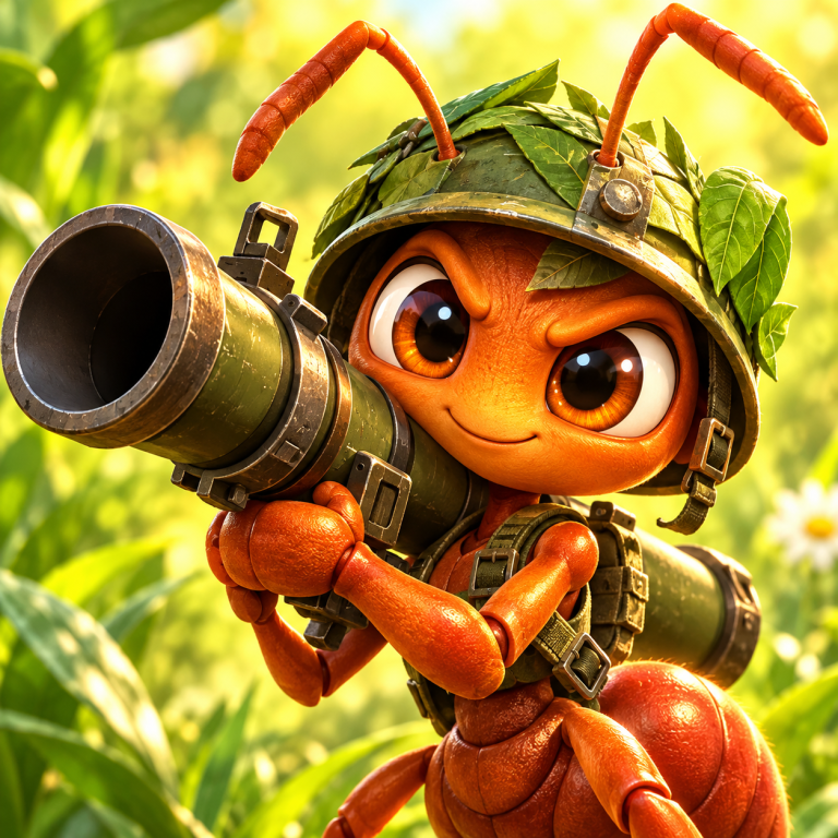 Krabbelkrone von Ratkey Games Krabbelkrone: eine Ameisensoldatin mit Blatthelm, großen Augen und Bazooka im sonnigen Garten.